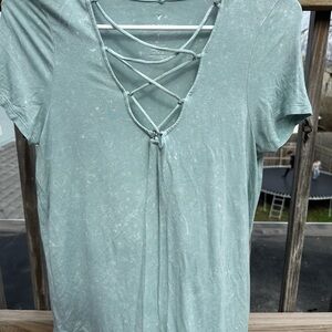 American Eagle Outfitters Green Short Sleeve T-Shirt with Tie Front